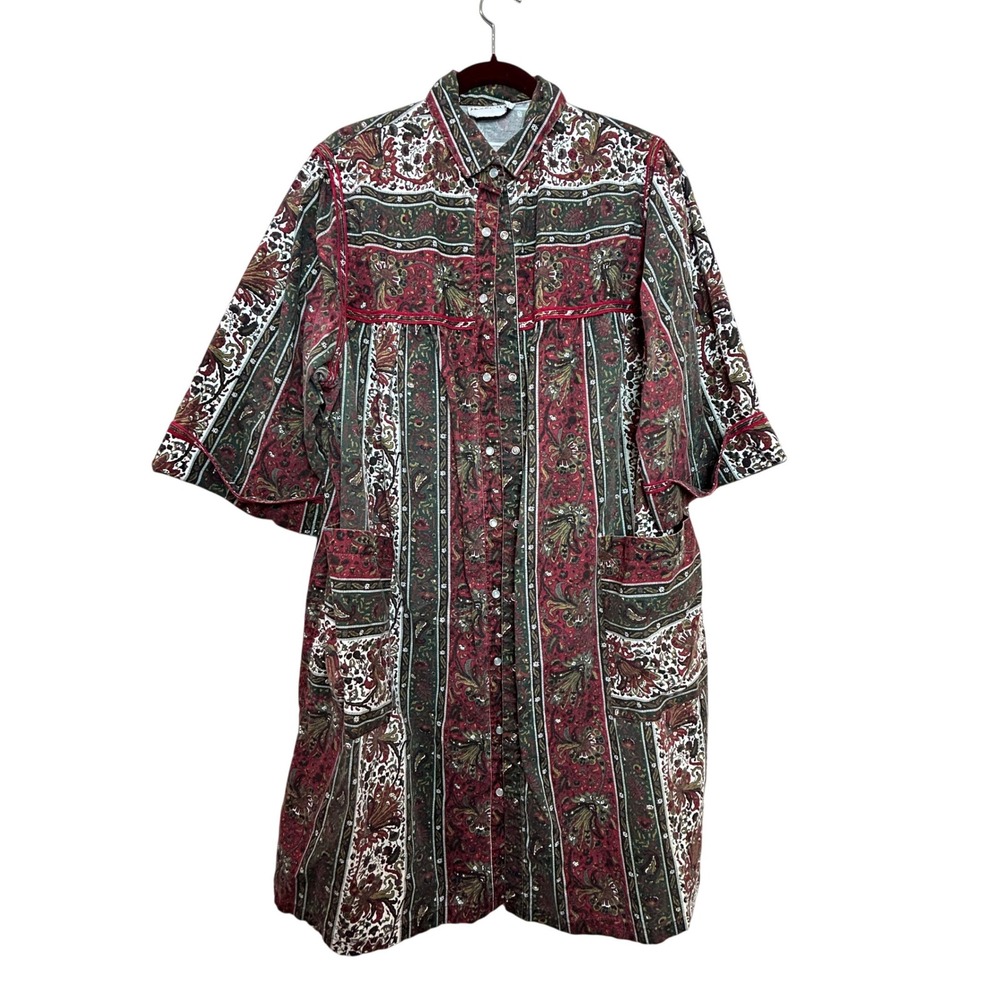 Vintage House Dress Womens 1X Red Green Paisley Floral Duster Pearl Snap Boho